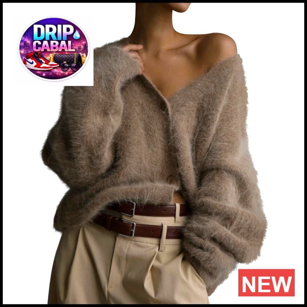 Fuzzy Cardigan Sweater V Neck Long Sleeve Button Down Soft Slouchy Drop Shoulder
